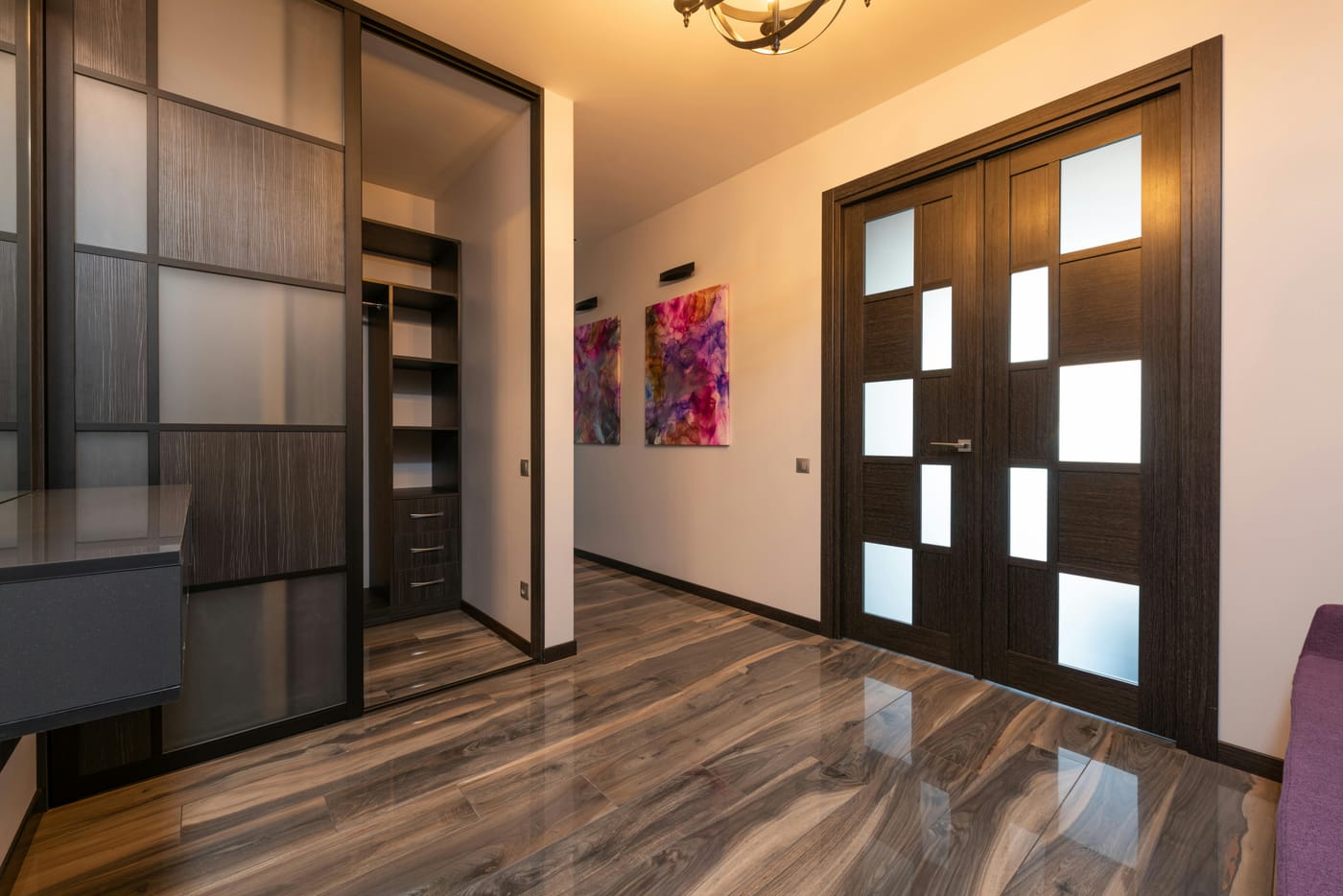Modern foyer with sliding closet doors and a paneled entrance door