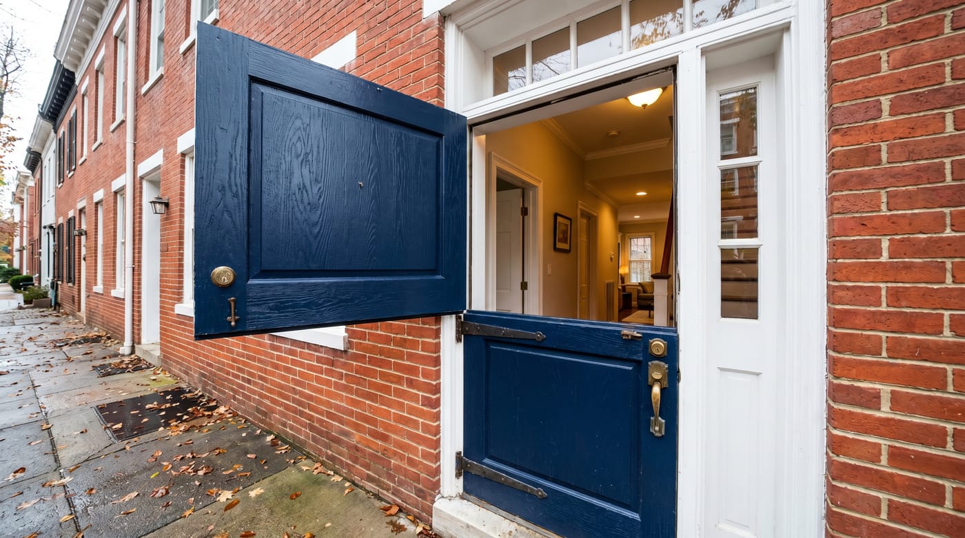 Illustration of a blue split Dutch door in a brick building