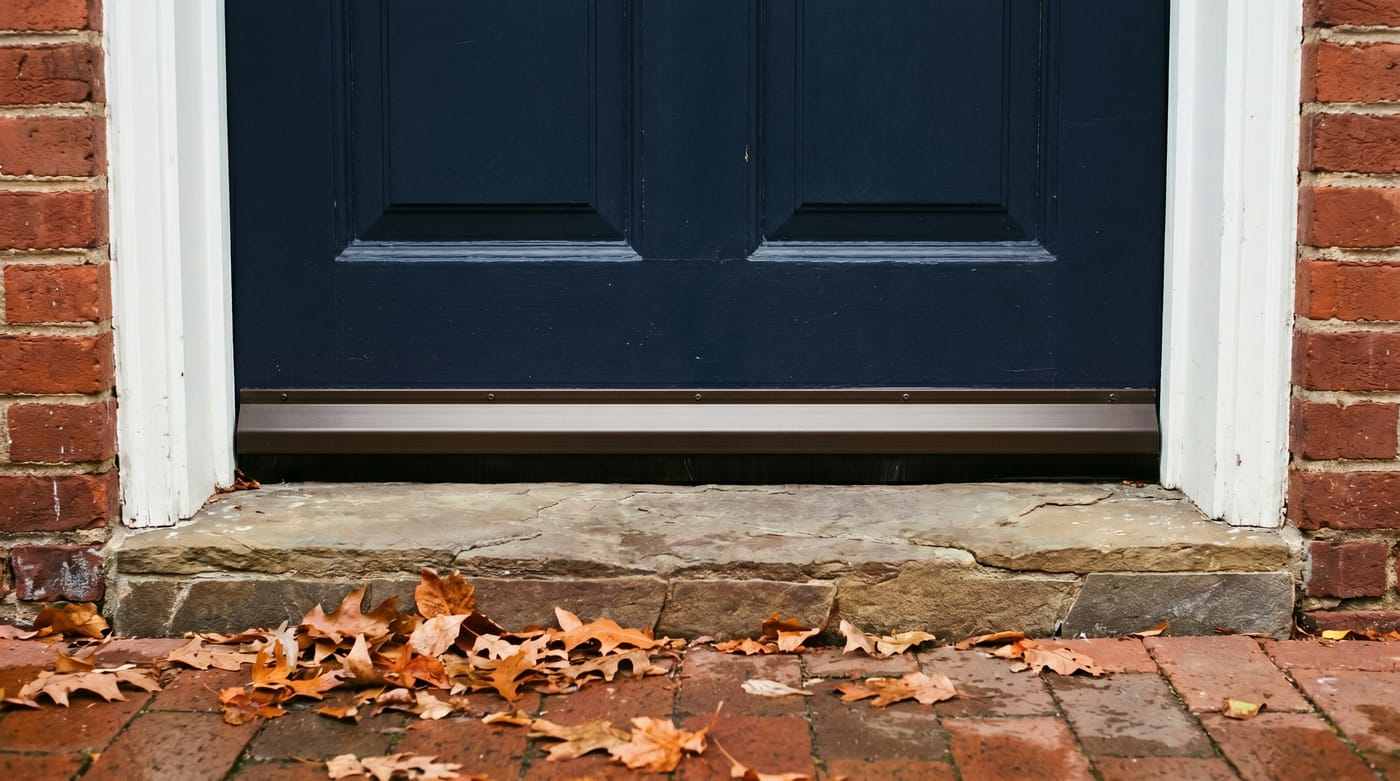 Illustration of the threshold beneath a dark blue exterior door