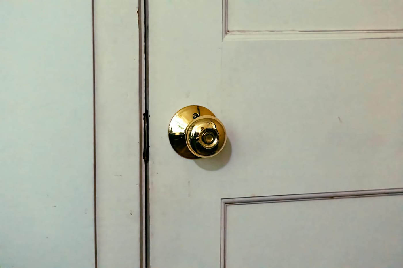 Round brass-colored knob on a pale paneled door