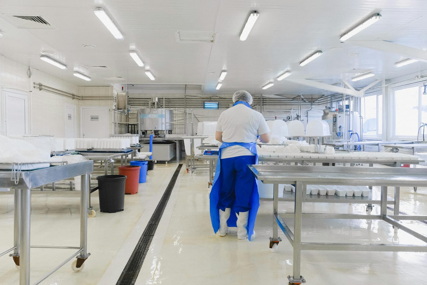 Person in protective clothing in a bright food-processing room