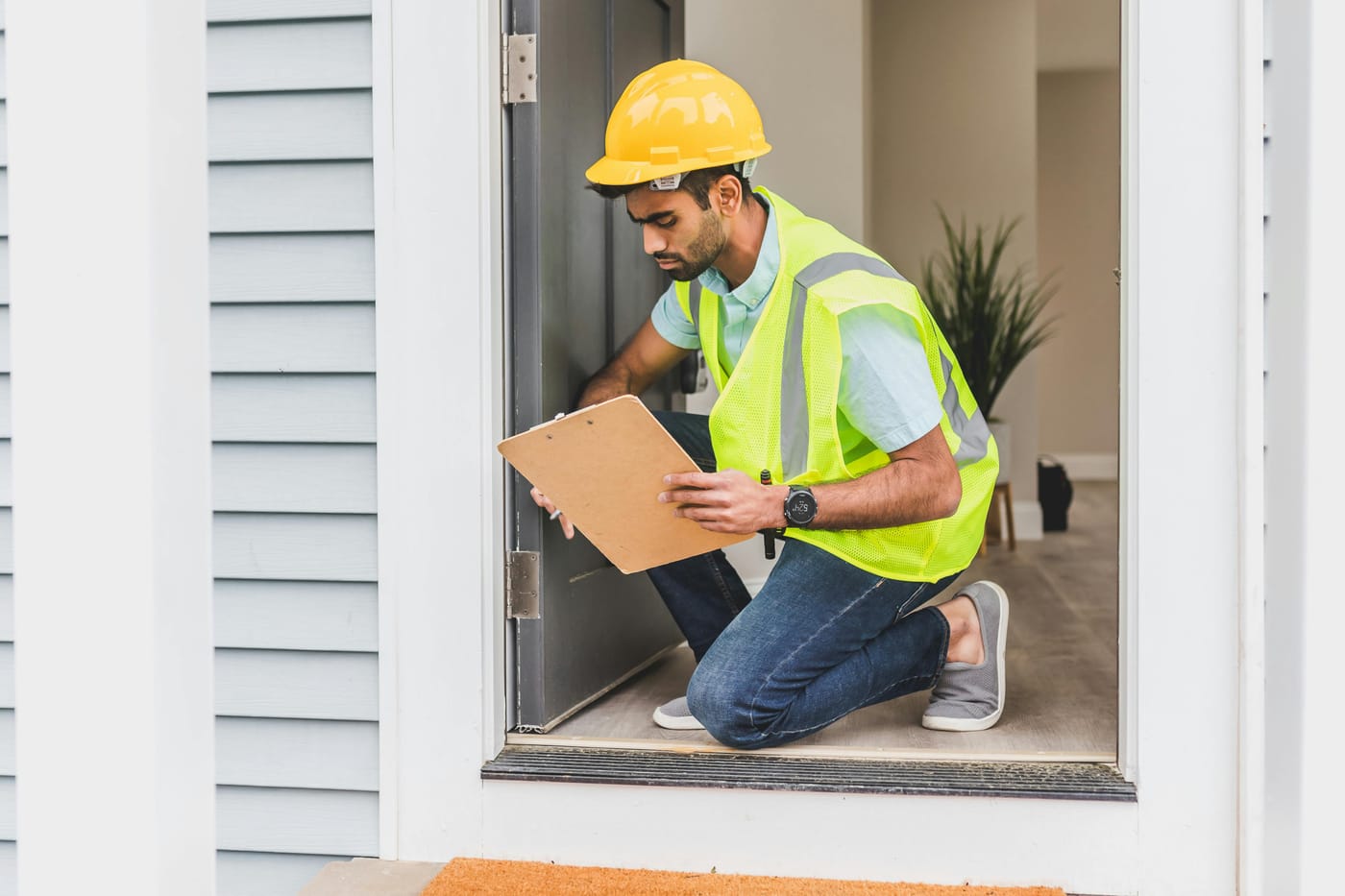 Man in a hard hat kneeling in a doorway with a clipboard