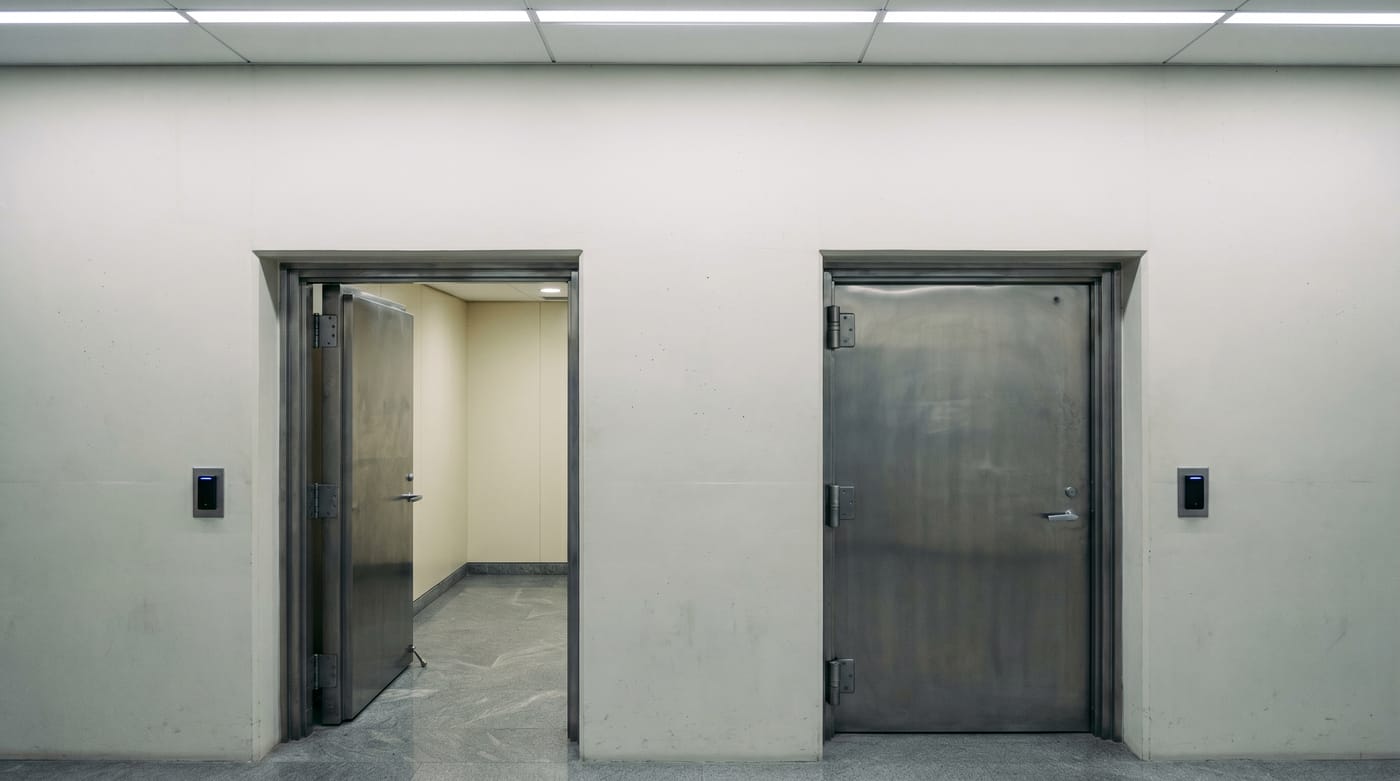 Illustration of two metal doorways in a plain corridor