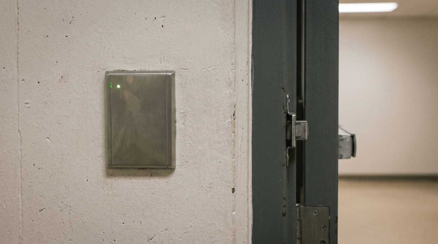 Metal wall plate beside an open doorway