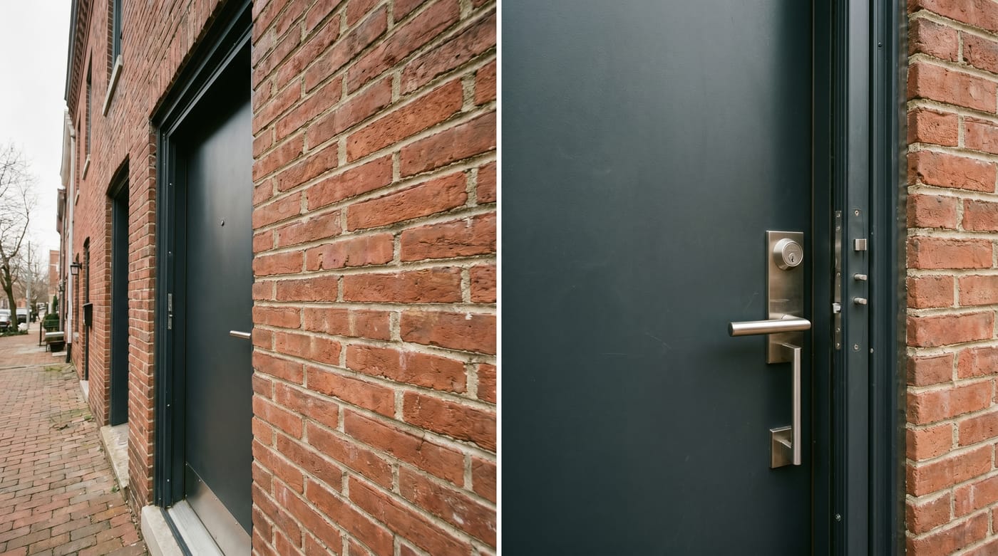 Metal exterior door with a lever handle in a brick wall