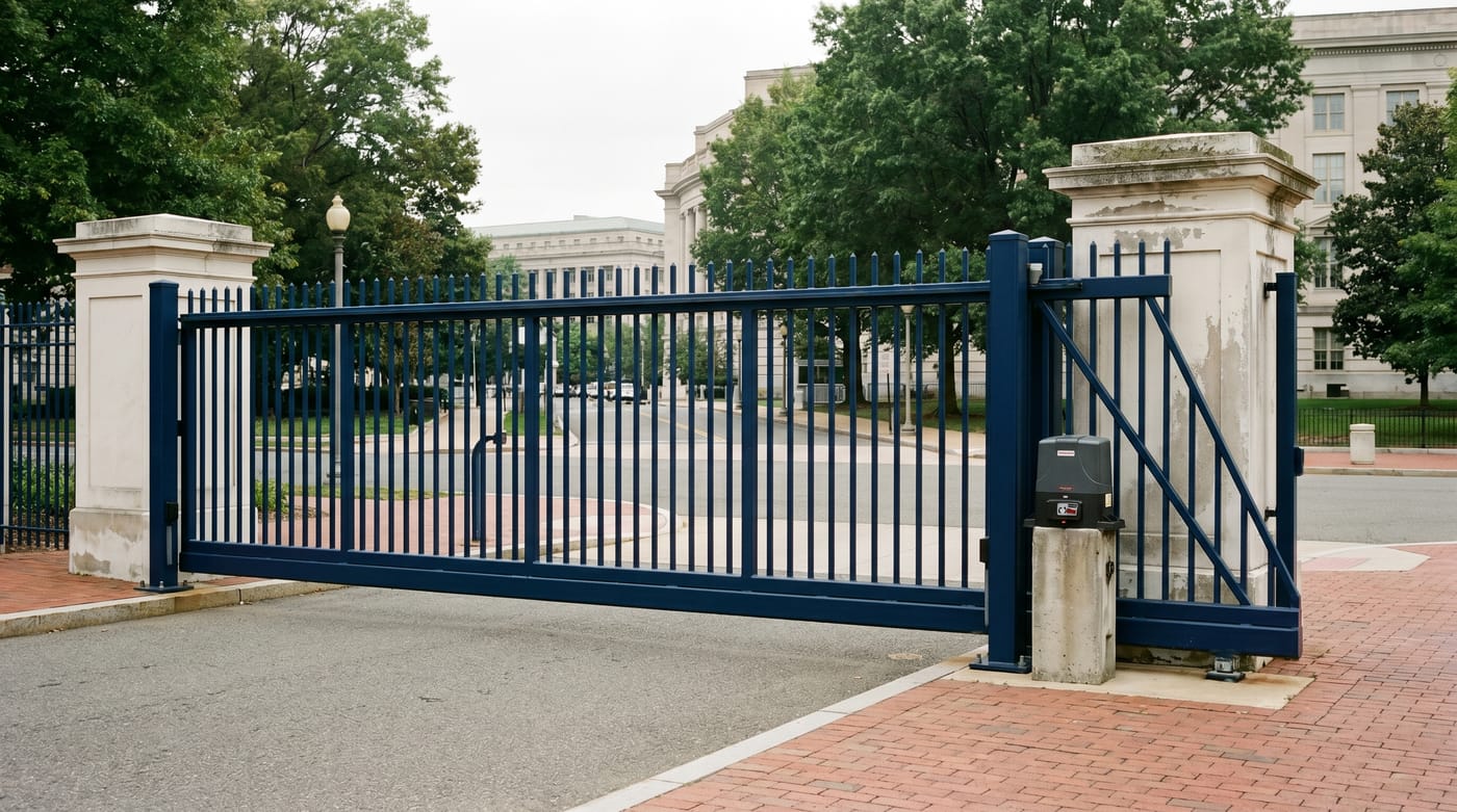 Tall metal sliding gate between stone pillars