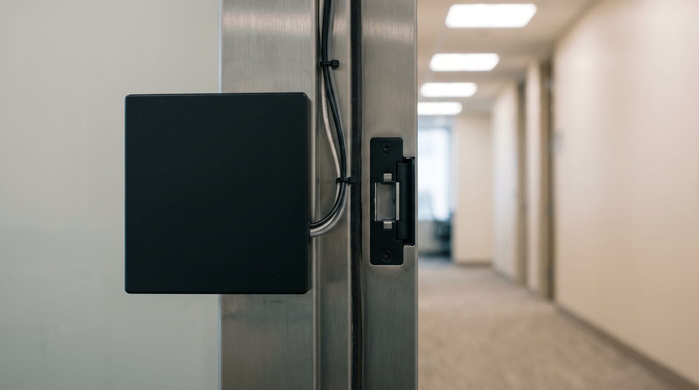 Wall-mounted access reader beside an office door