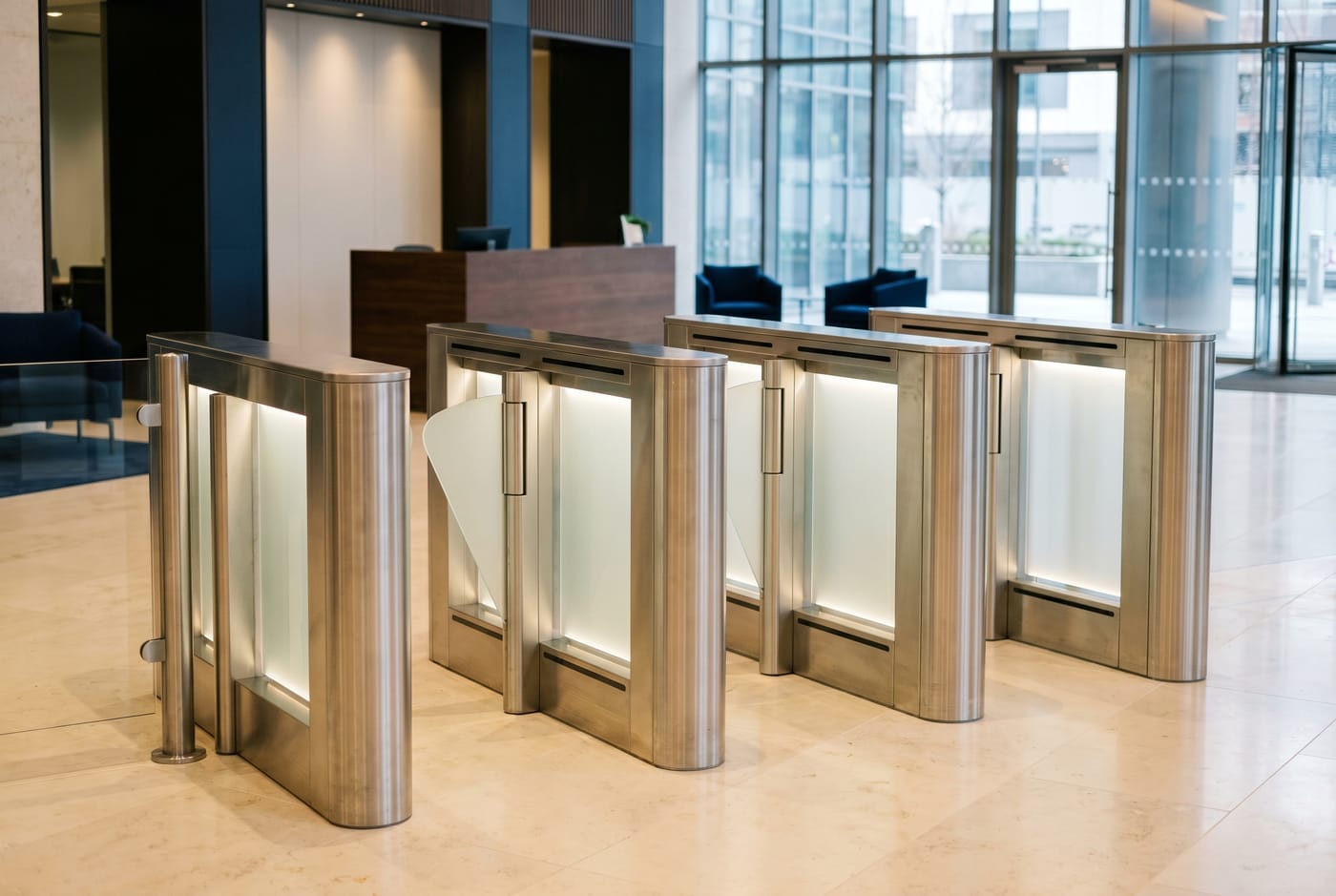 Illustration of glass access gates in an office lobby