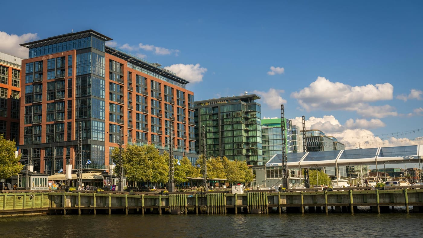 Southwest Washington DC Wharf District waterfront with residential and commercial buildings along the Potomac River