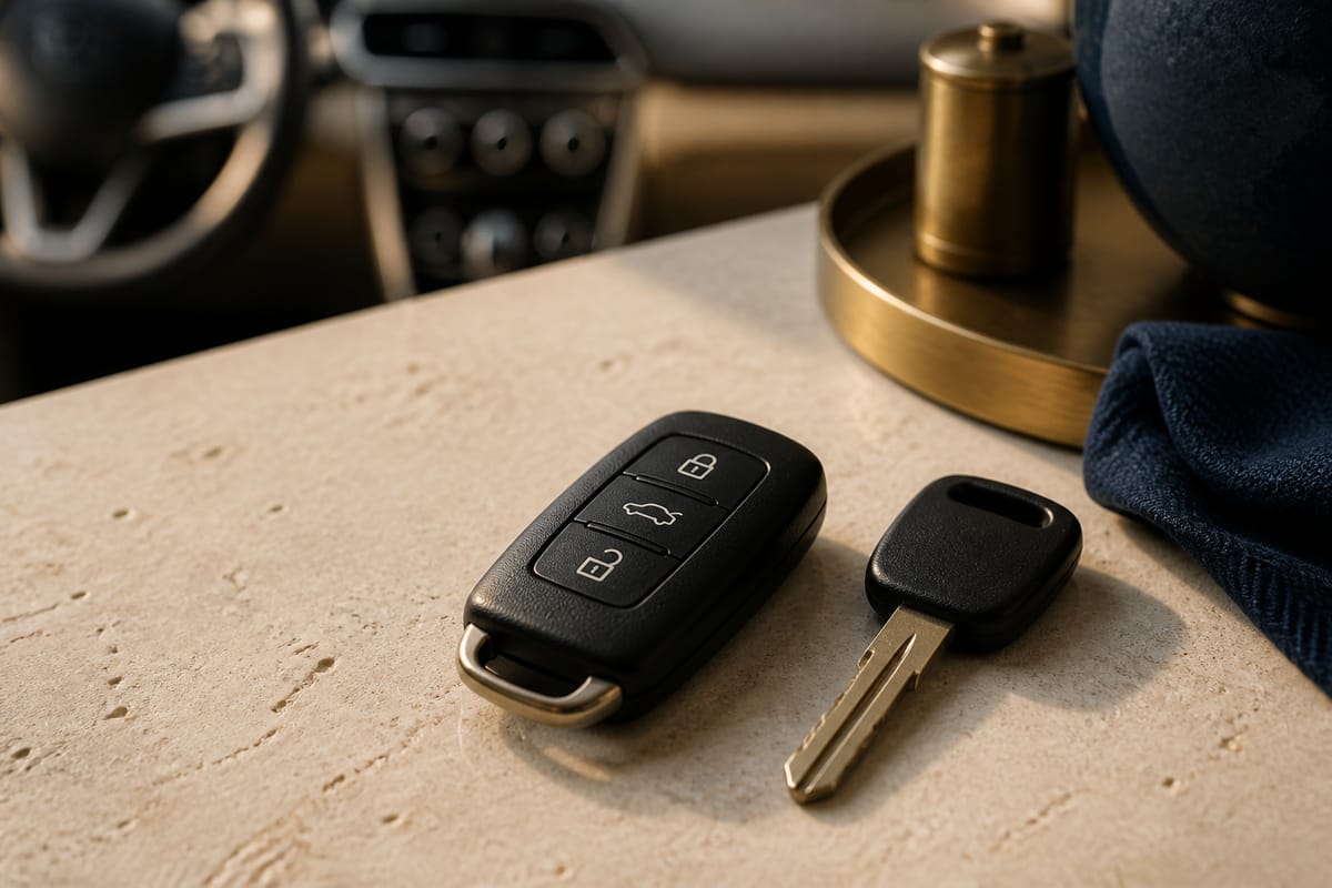 Illustration of unbranded vehicle key and remote fob on a pale worktop