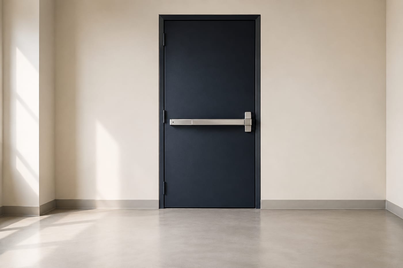 Illustration of commercial exit door with a push bar and unobstructed floor
