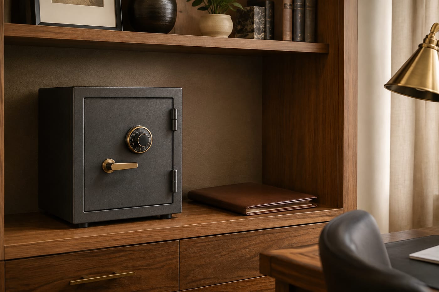Illustration of compact combination safe on a home-office shelf