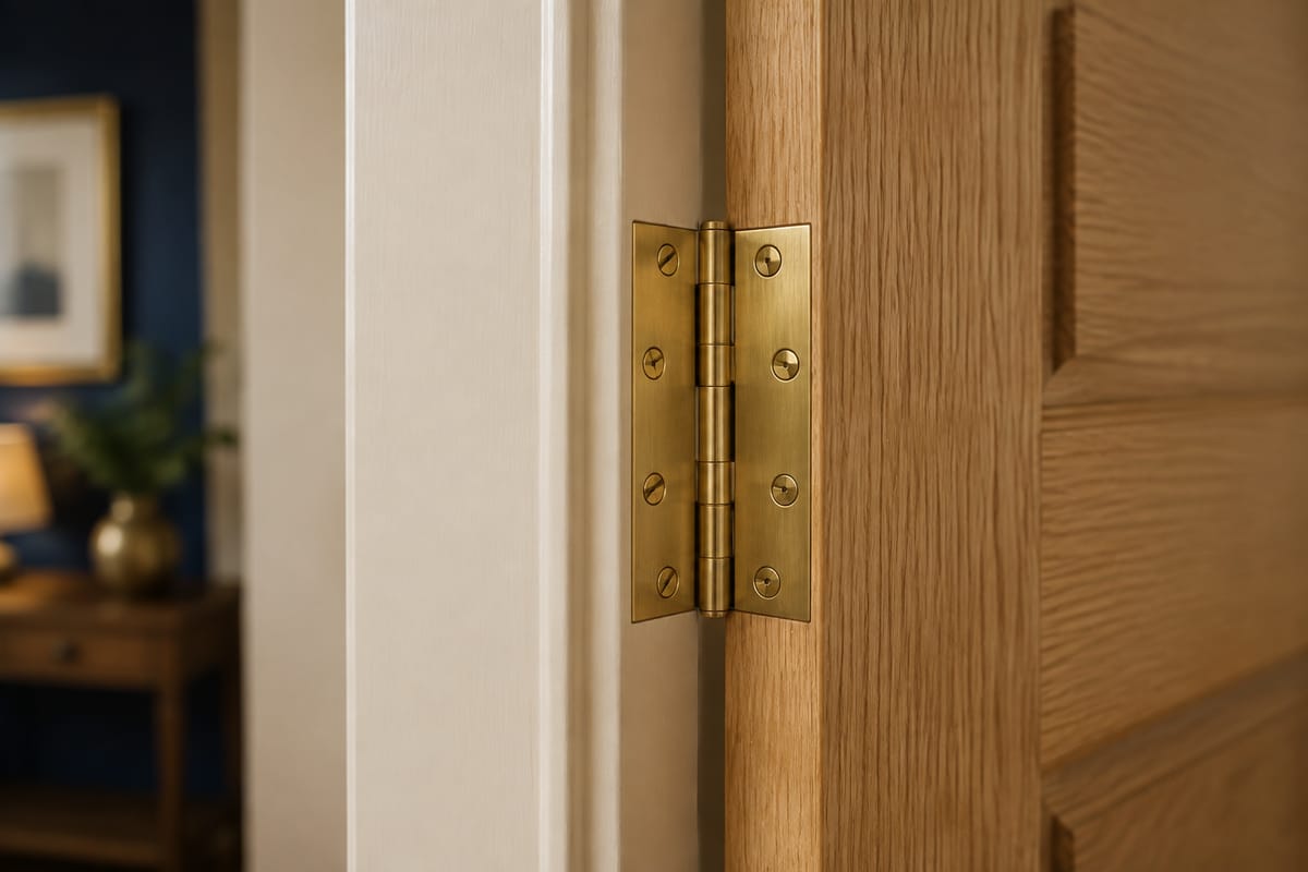 Illustration of brass butt hinge joining an oak door and a painted jamb