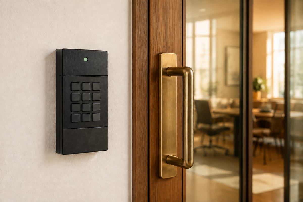 Illustration of wall-mounted entry keypad and card reader beside a glass door