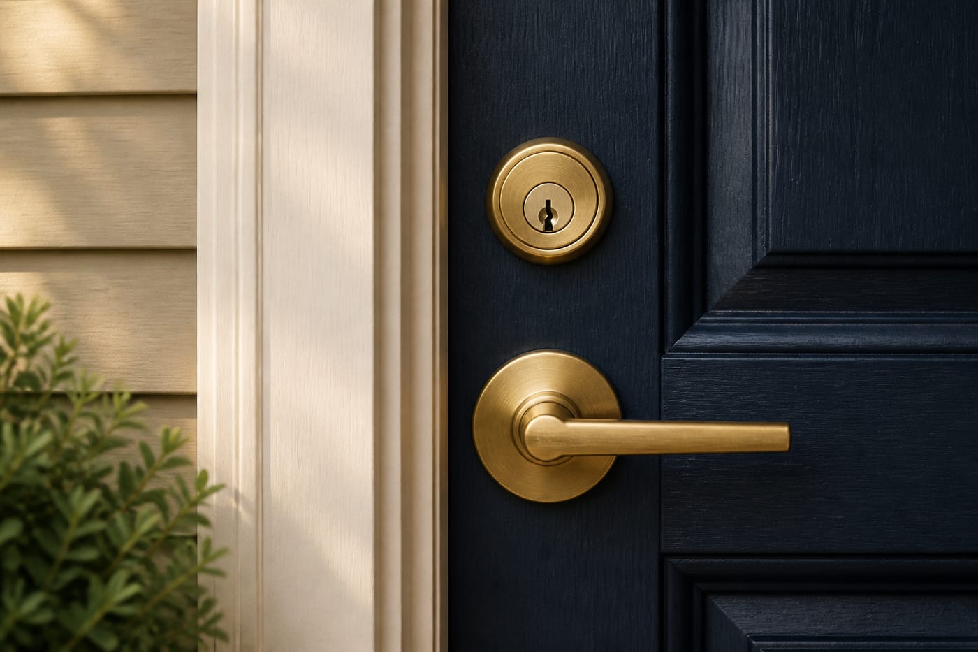 Illustration of a brass deadbolt and lever handle on a navy residential door