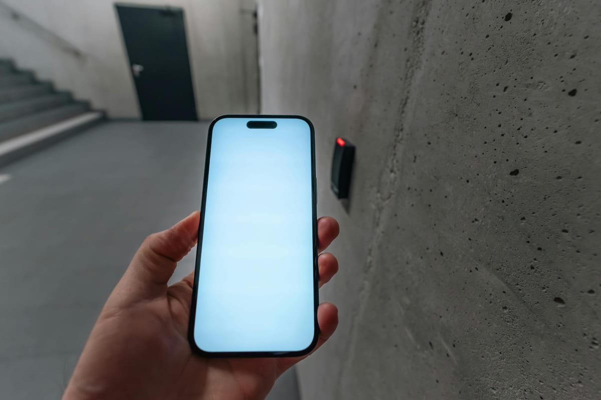 Smartphone NFC access unlocking a modern electronic door entry