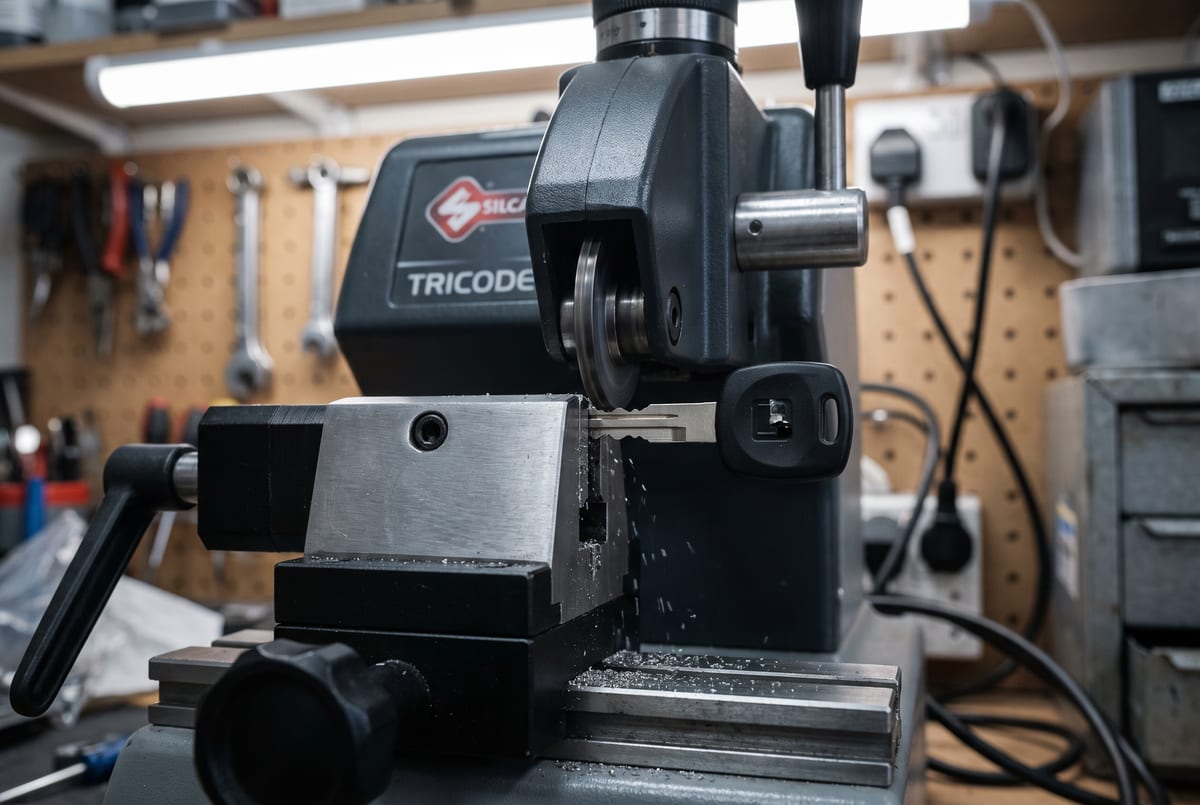 Automotive transponder key being cut on a professional key cutting machine
