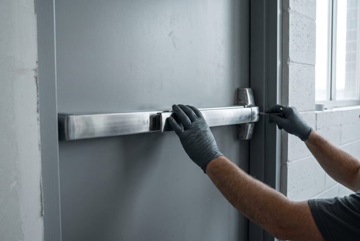 Technician installing a stainless steel panic exit bar on a commercial steel door