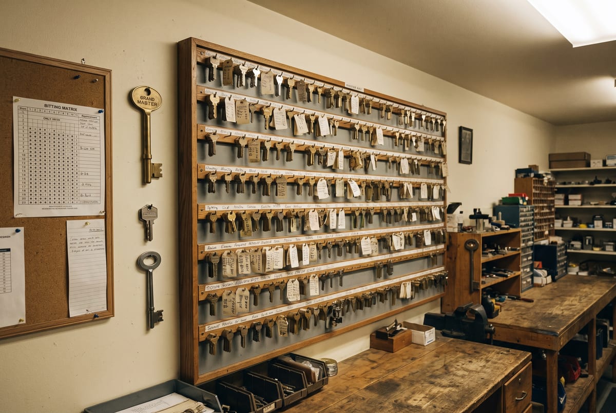 Locksmith key control board with rows of labeled keys and a bitting chart in a workshop
