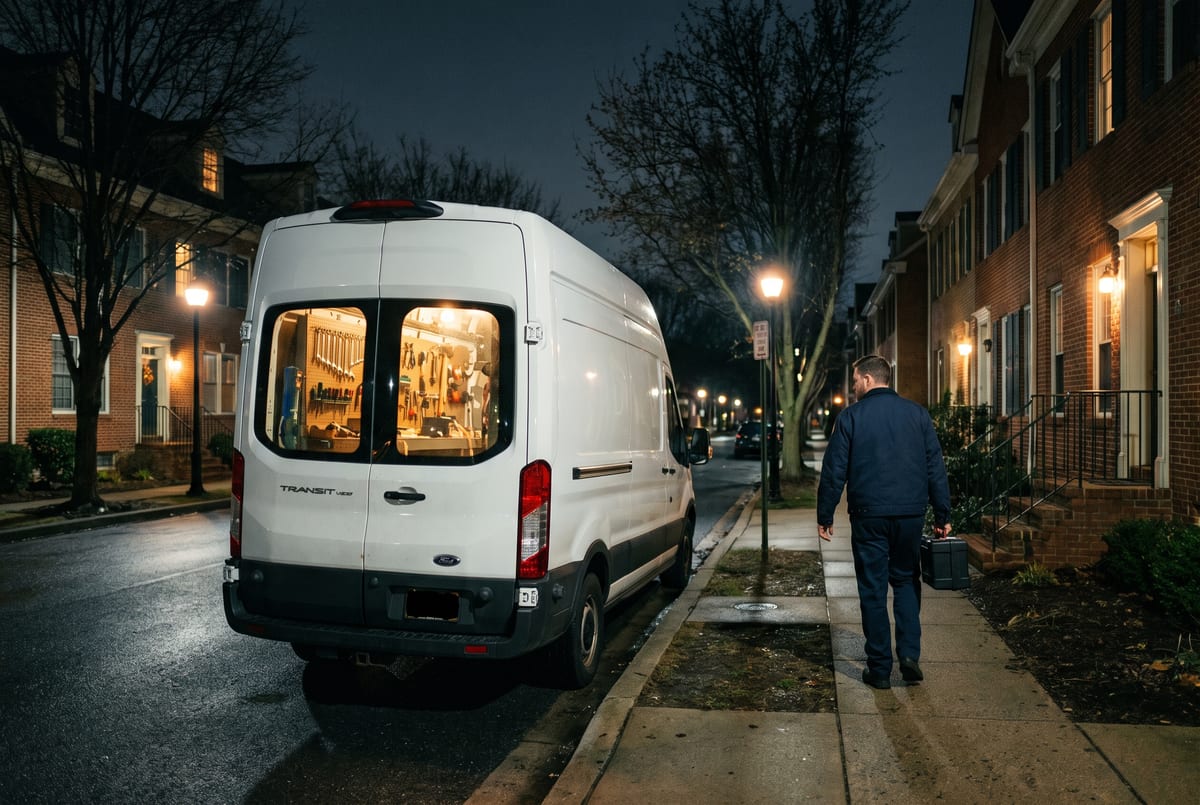 Locksmith work van at the curb on a residential street at night with a technician walking to the door