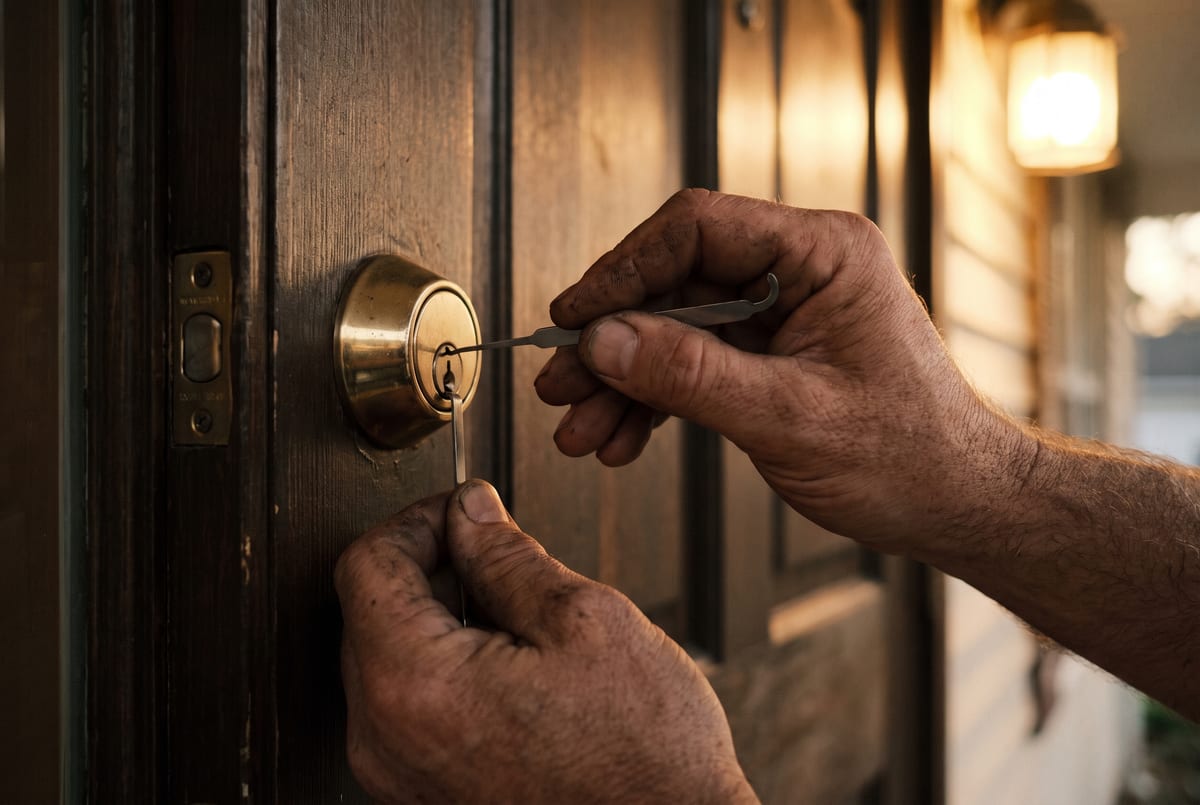 Locksmith using a tension wrench and pick on a brass deadbolt at a home door