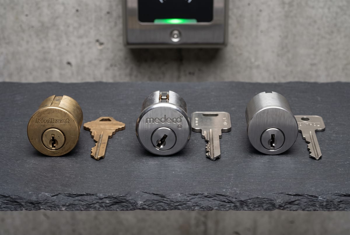 Three lock cylinders from standard to high security beside their keys with a card reader behind
