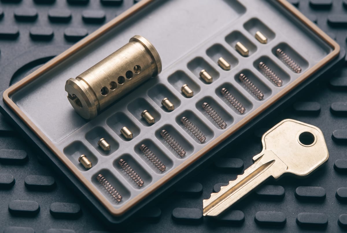 Brass lock cylinder plug beside driver pins and springs laid out in a locksmith pinning tray with a freshly cut key