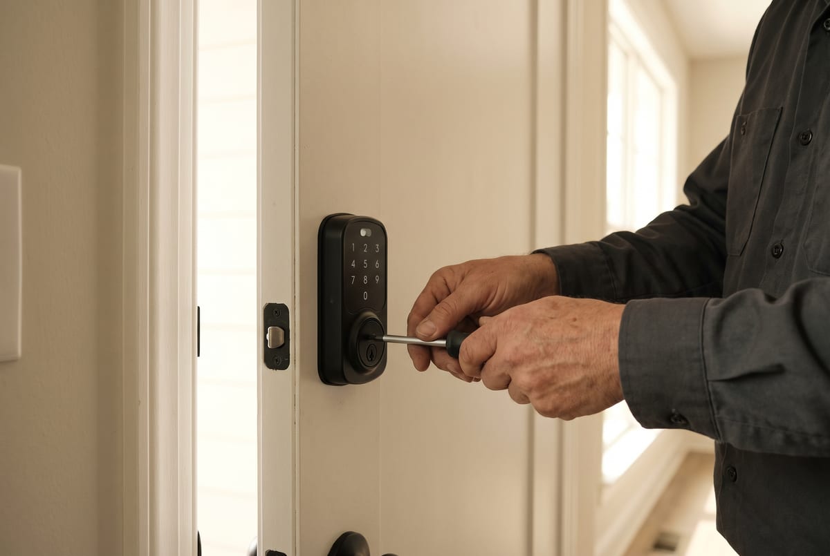 Locksmith installing a keypad smart deadbolt on a residential door with a screwdriver