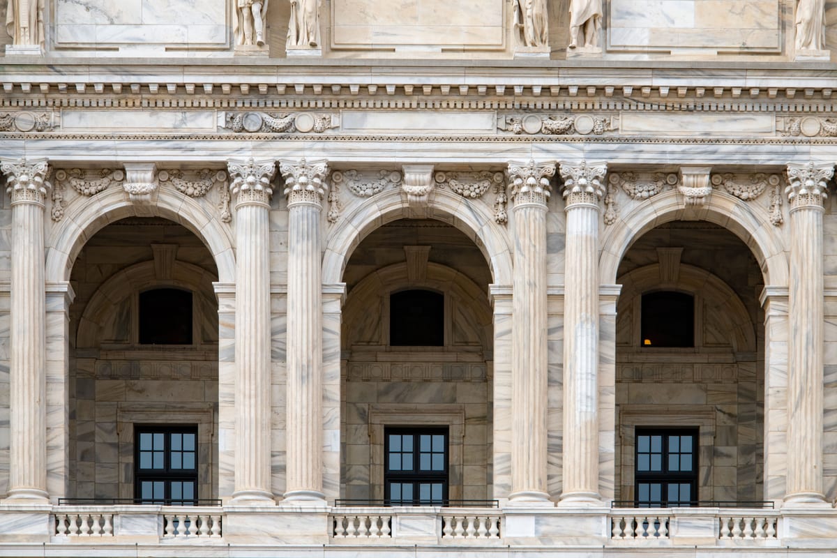 The limestone facade of a government building