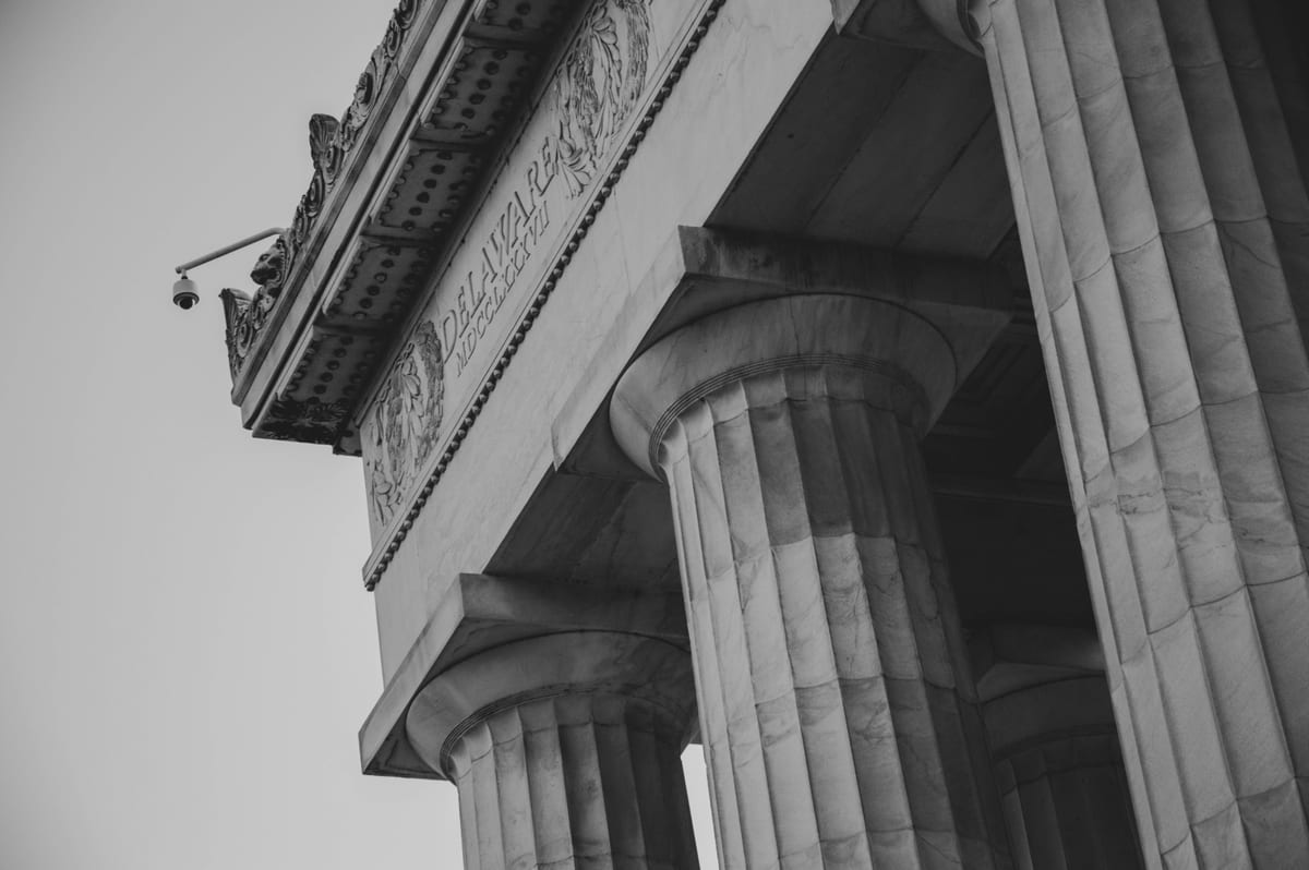 Neoclassical columns of a federal building in Washington DC