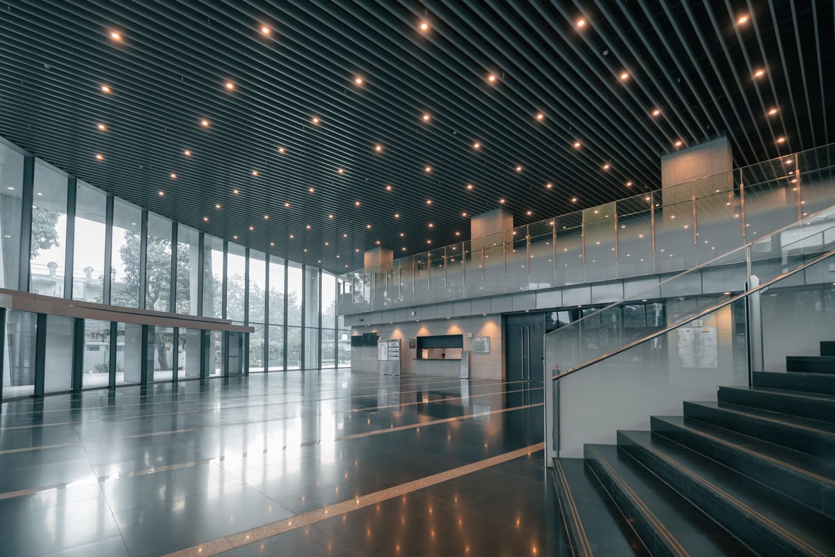A modern glass office lobby in Washington DC