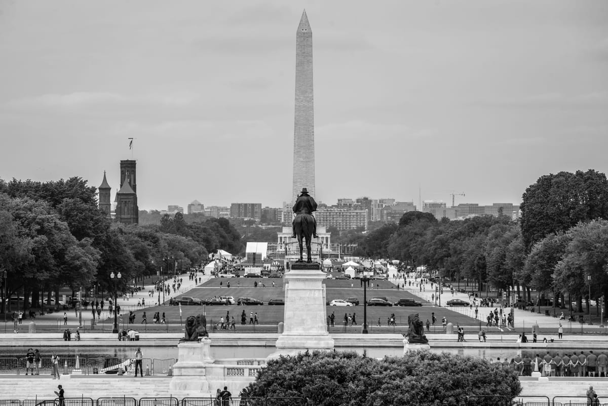 The Washington Monument obelisk in black and white