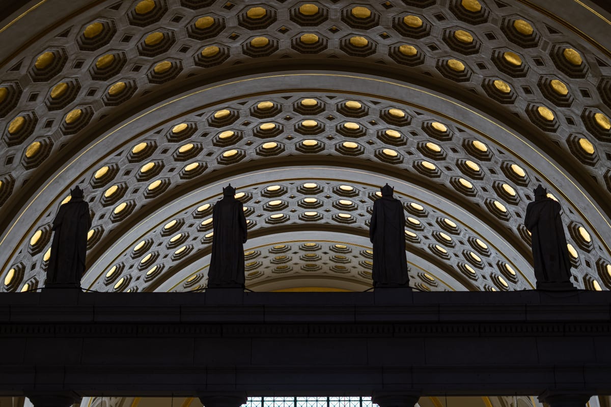 The vaulted, coffered ceiling inside historic Union Station in Washington DC