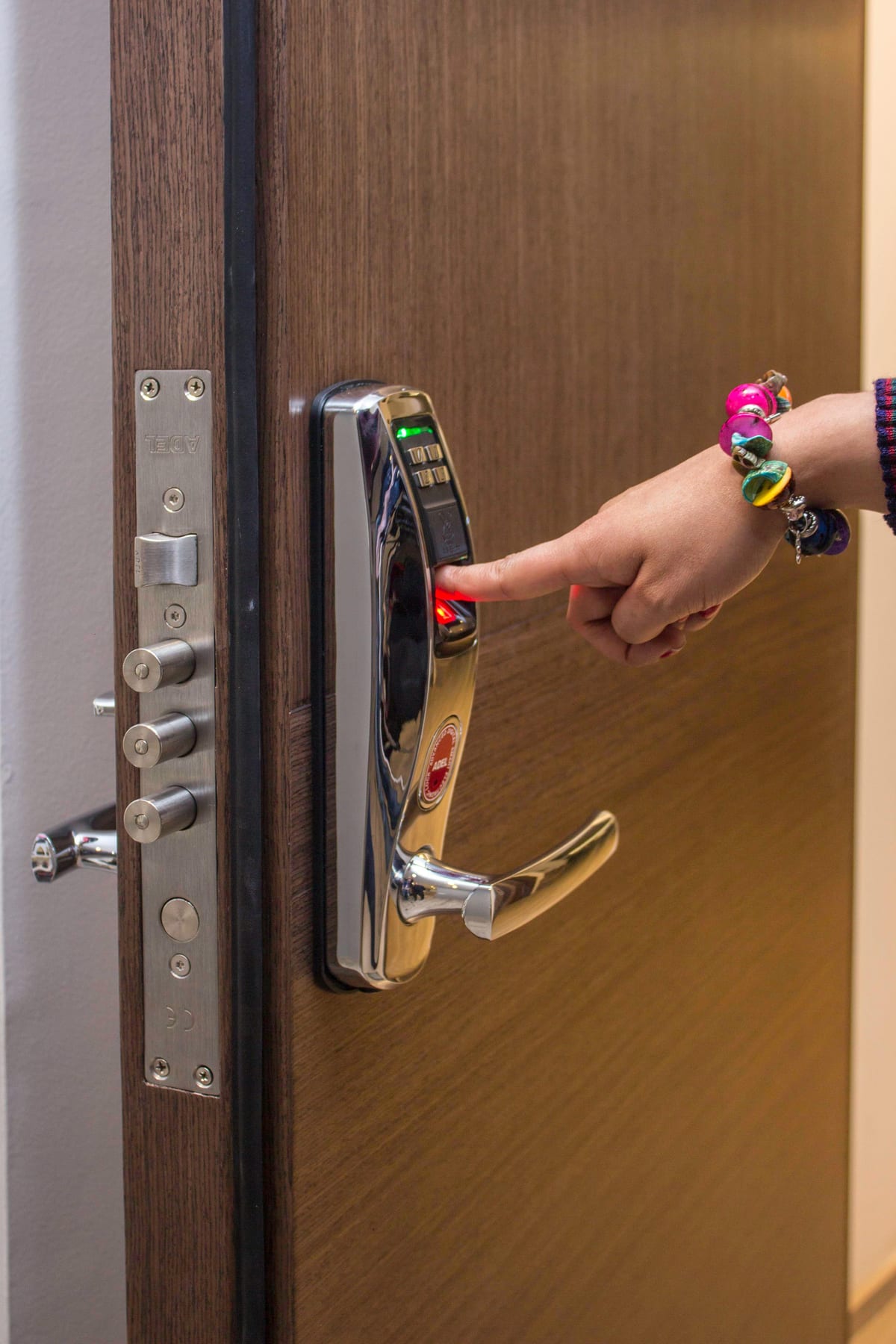 Fingerprint reader on a smart door lever lock installed inside a historic residential door