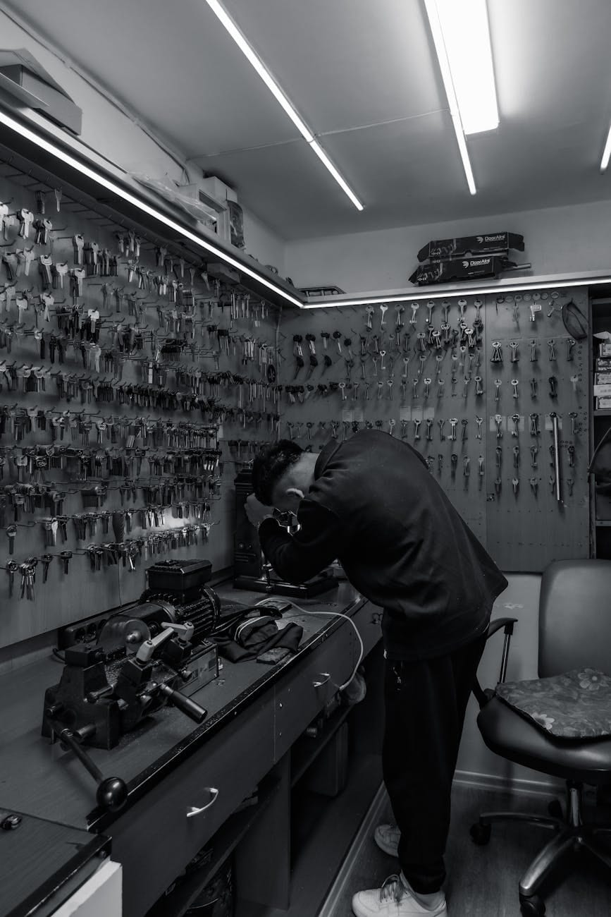Licensed locksmith installing commercial electronic lockset on clinic door