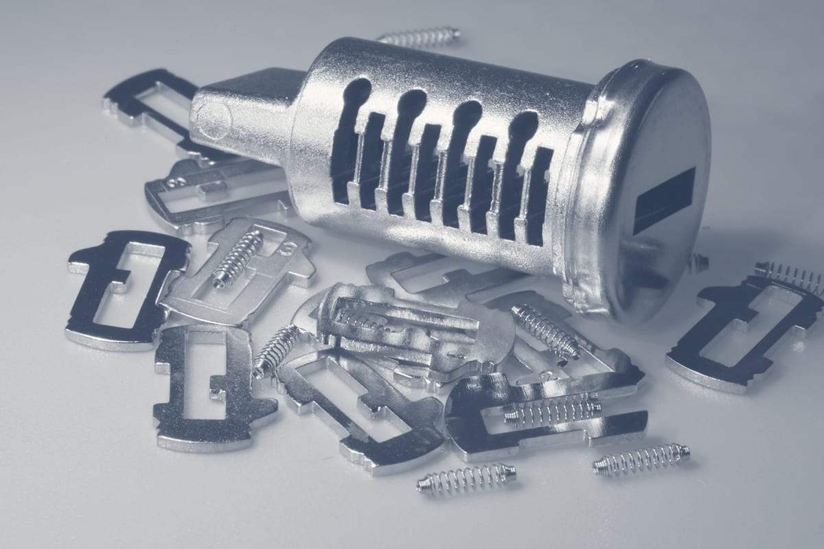 Lock cylinder and keyway barrel detail showing the components of a residential lock