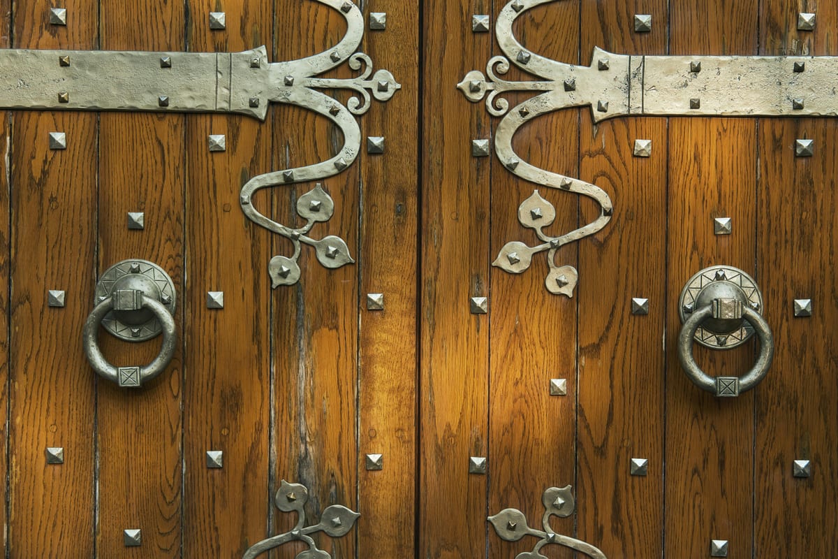 Close-up of an ornate residential door with decorative hardware and deadbolt
