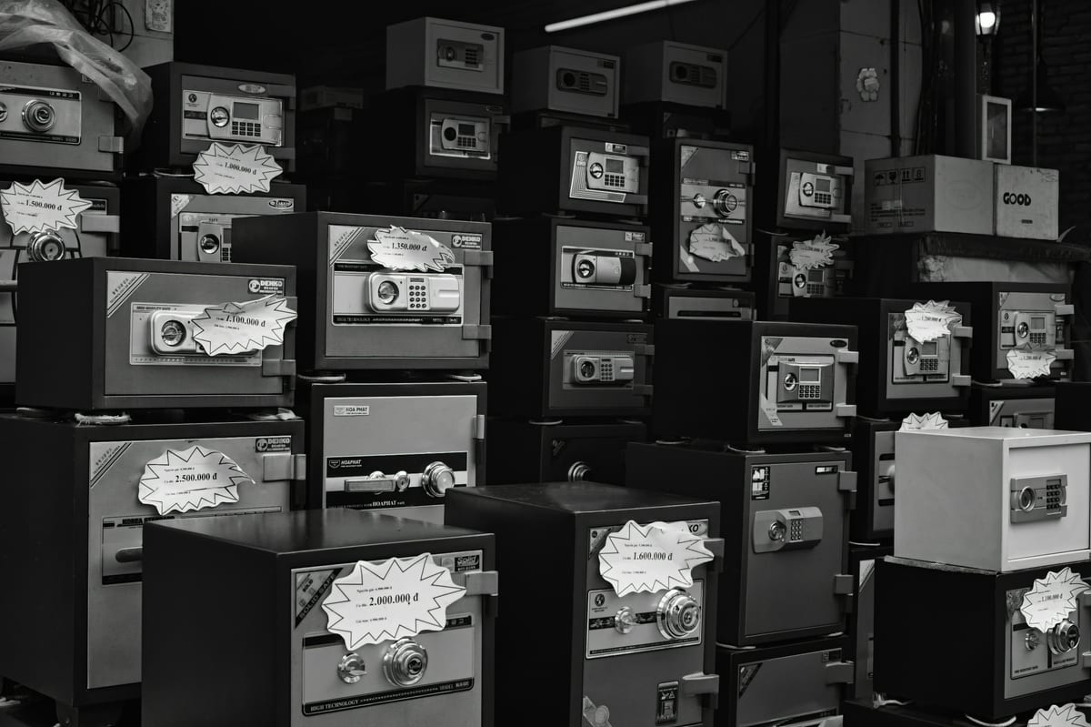 Multiple fireproof home safes on display showing size and capacity options for DC homeowners